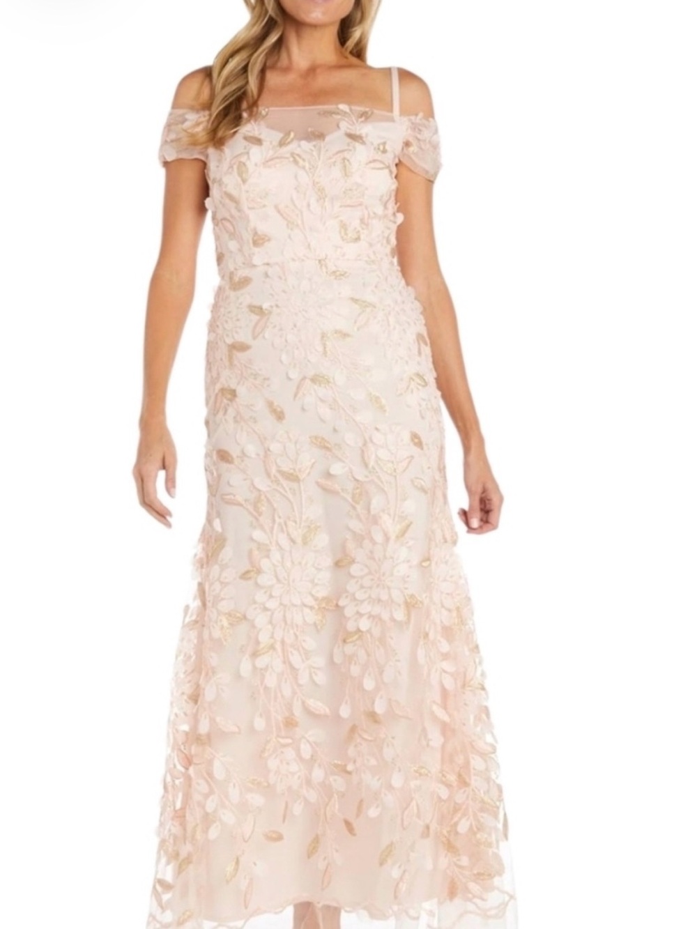 R&M Richards Blush Pink Floral Appliqué Off-Shoulder Dress